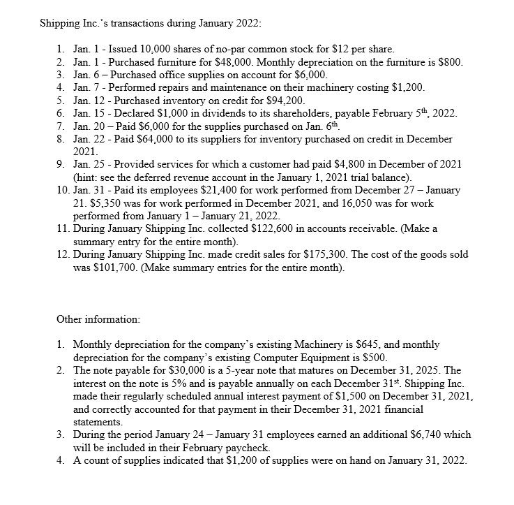 please construct the Closing Entries using the following information Shipping Inc.'s transactions