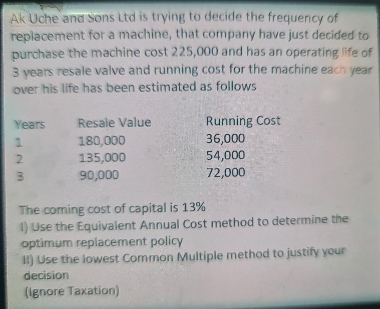 Replacement Decision i) Use the equivalent annual cost method to determine
