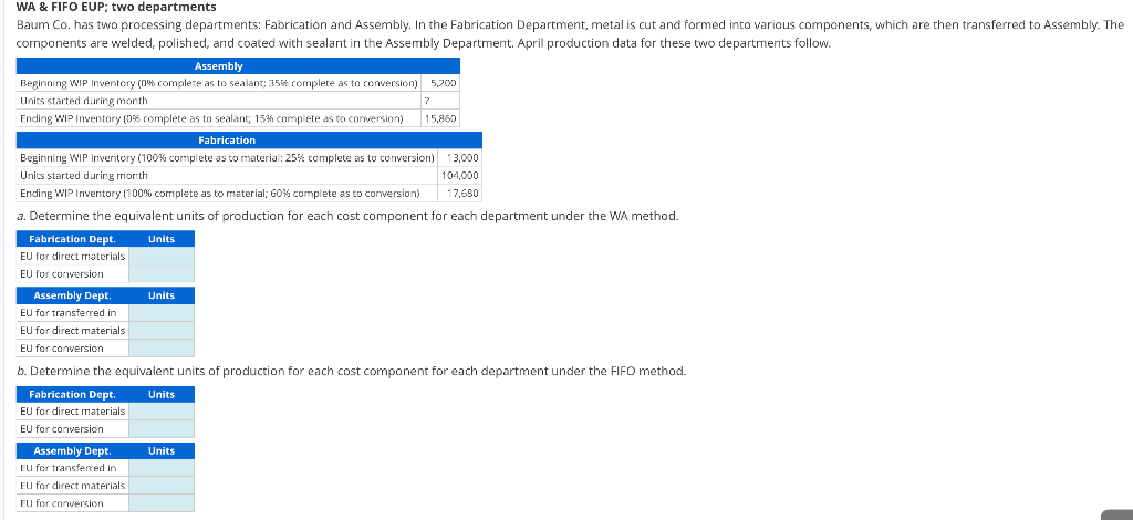 WA \& FIFO EUP; two departments Baum Co. has two processing