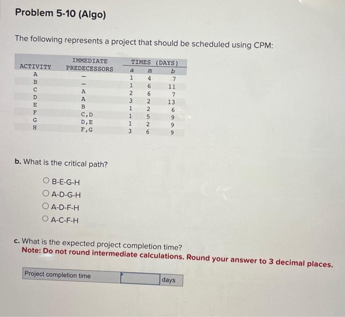  The following represents a project that should be scheduled using CPM: