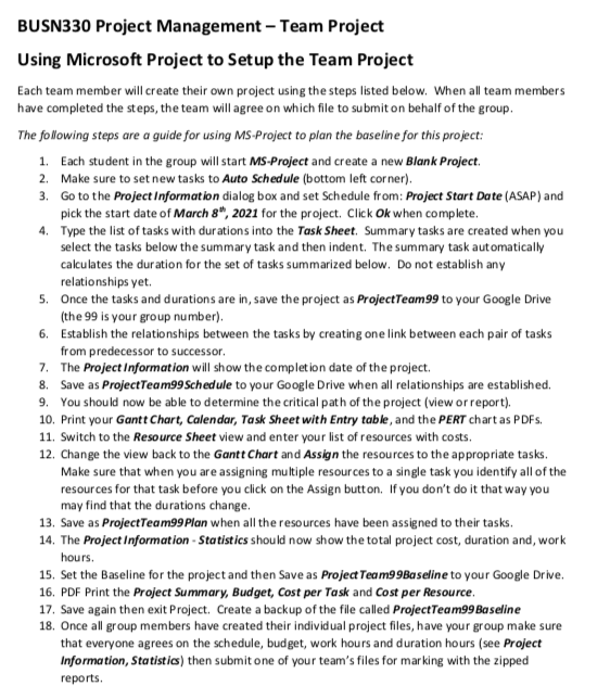  BUSN330 Project Management - Team Project Using Microsoft Project to Setup