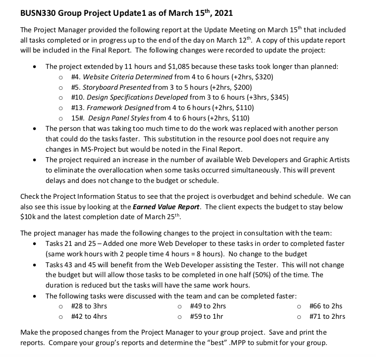 the group. The following steps are a guide for using MS-Project to
