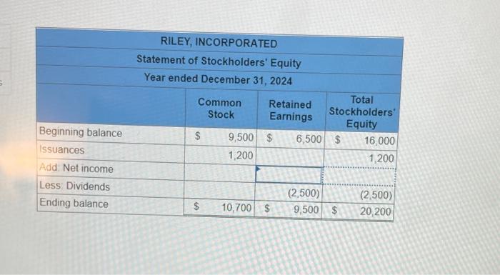 Understand the format of finan Below are incomplete financial statements for Riley,