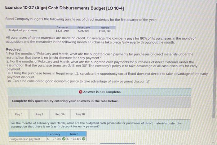  ONLY NEED THE ANSER FOR QUESTION #2. Exercise 10-27 (Algo) Cash
