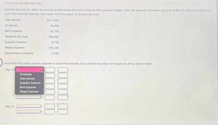 please help Closing Entries with Net Loss Summit Services Co. offers its