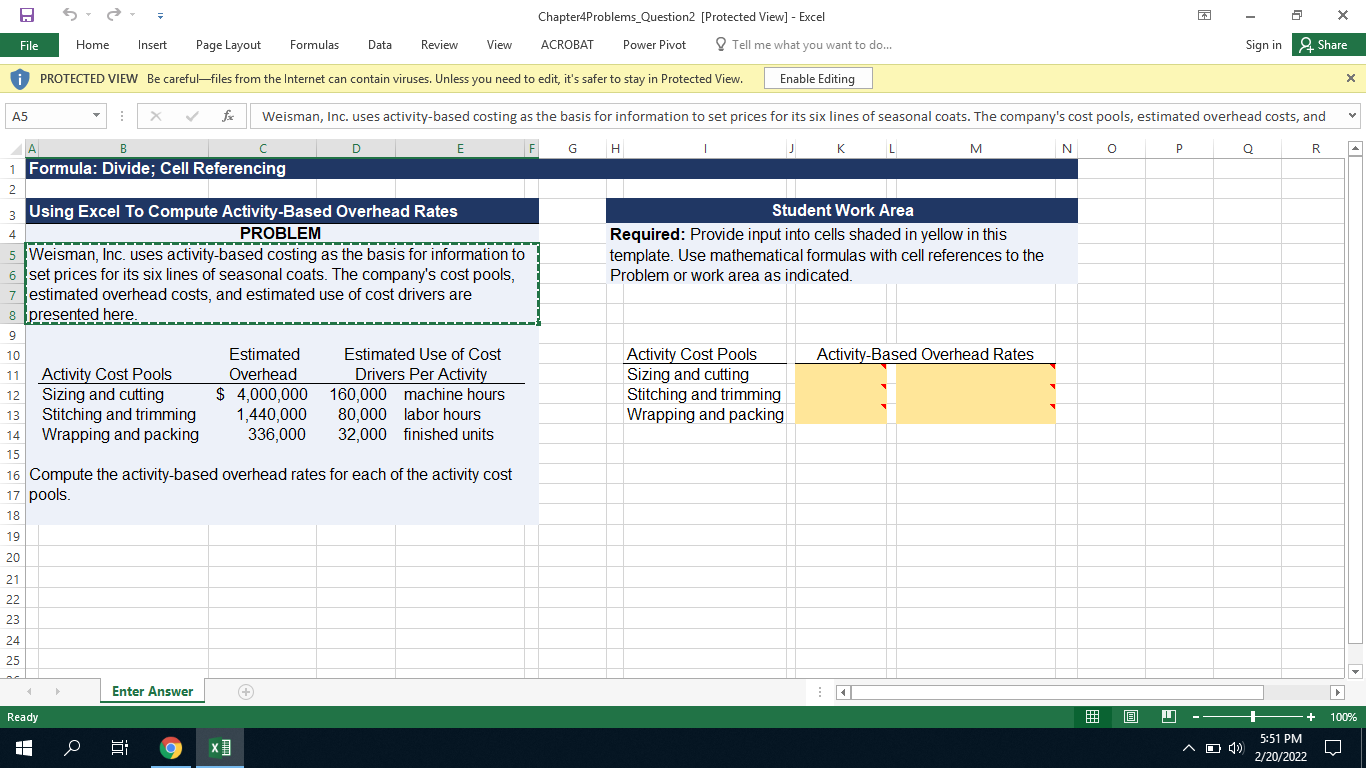 Weisman, Inc. uses activity-based costing as the basis for information to set