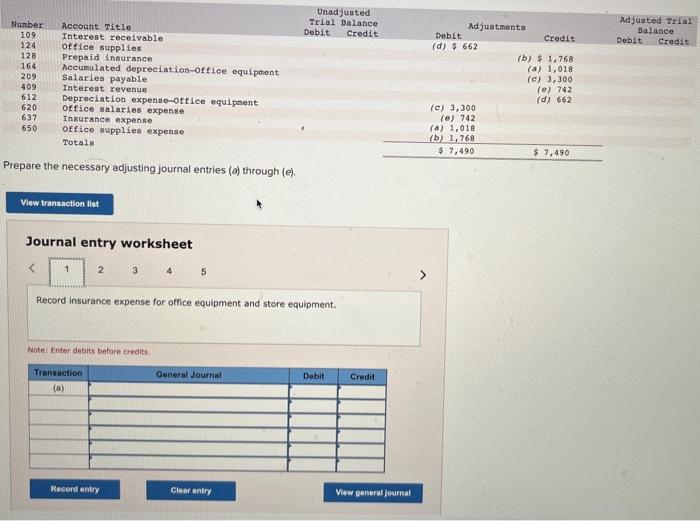 10 Frepare the necessary adjusting journal entries (a) through (e). Journal entry
