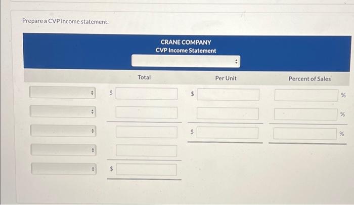 Crane Company has the following information available for September 2022. Unit selling