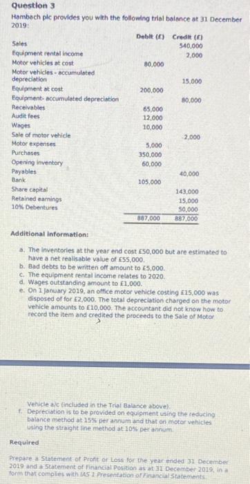  Question 3 Please show working. Question 3 Hambach plc provides you
