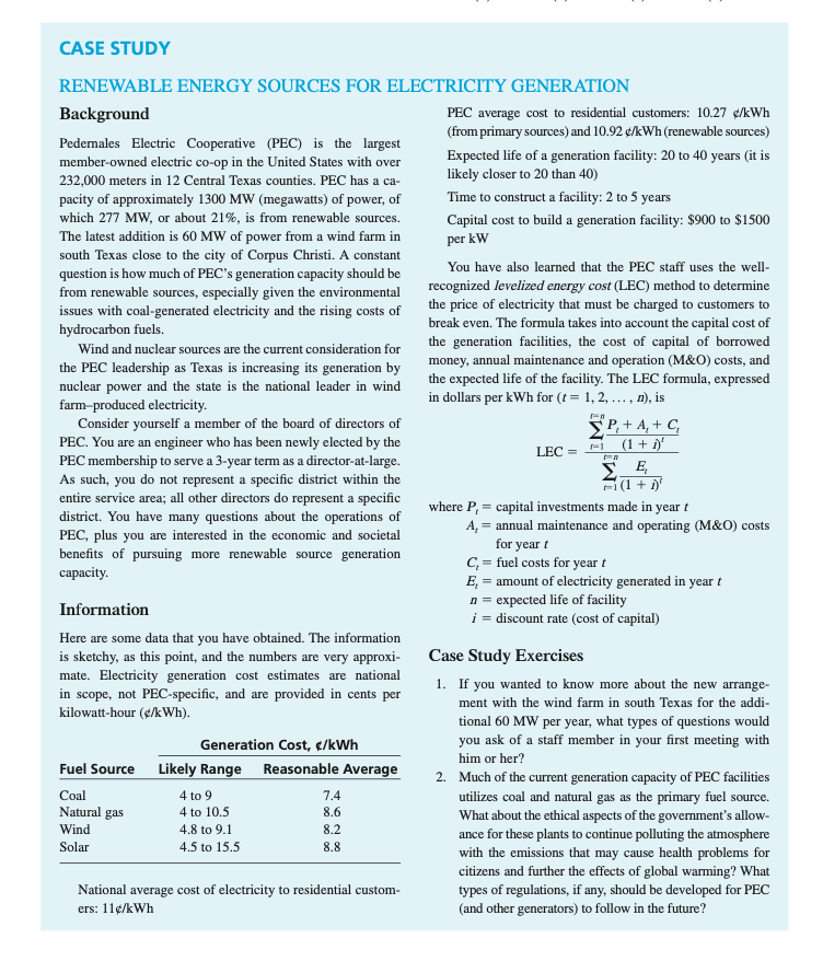  CASE STUDY RENEWABLE ENERGY SOURCES FOR ELECTRICITY GENERATION Background PEC average