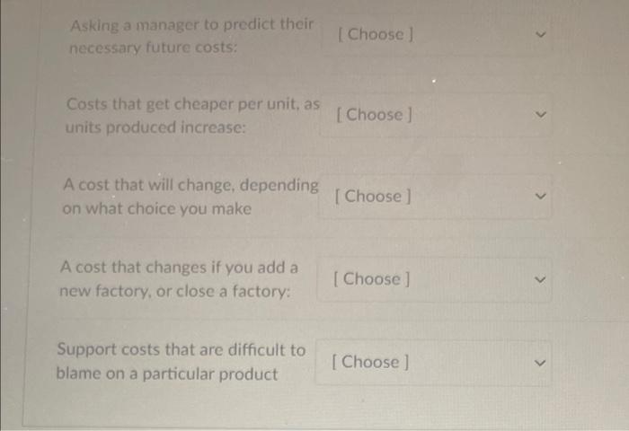 below: avoidable cost, direct labor cost, facility-level cost, fixed cost, flexible budg