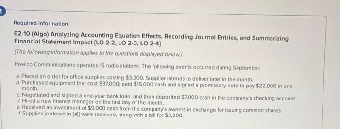  journal entry worksheet: a-f = questions 1-6 Required information E2-10 (Algo)