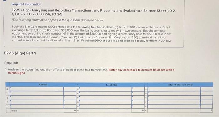  a-d = questions 1-4 Required information E2-15 (Algo) Analyzing and Recording