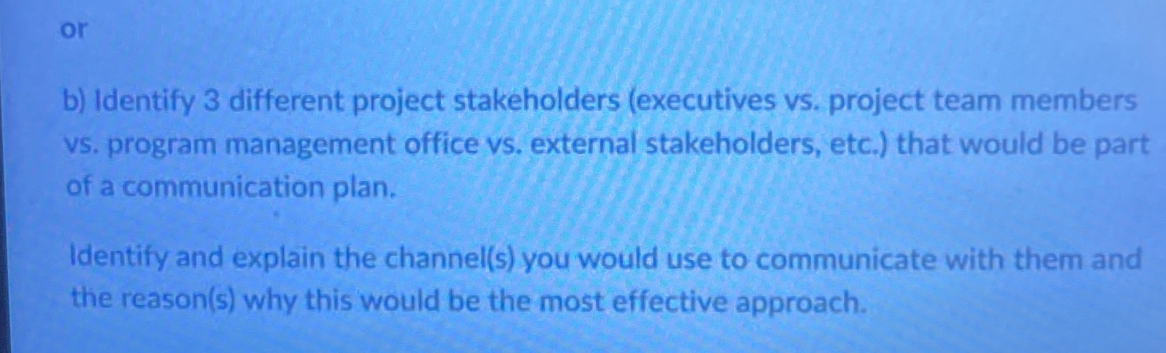 or b) Identify 3 different project stakeholders (executives vs. project team