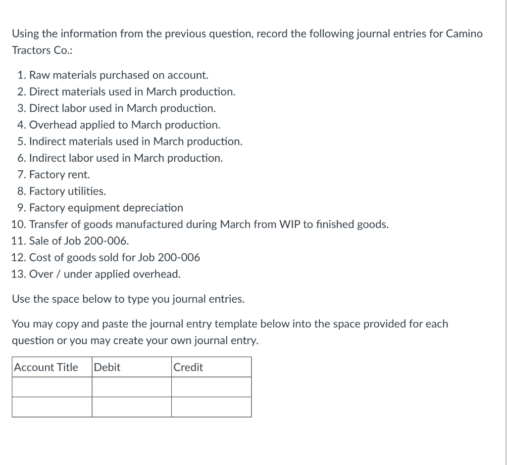 Create journal entry for items listed Using the information from the previous