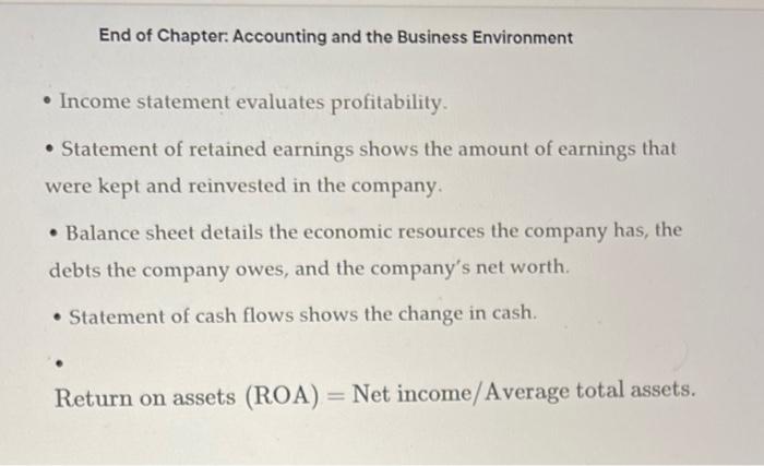 \hline \hline \end{tabular} chu or Cnapter: Accounting and the Business Environment End