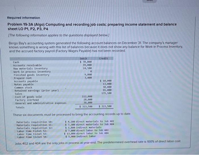  Required information Problem 19-3A (Algo) Computing and recording job costs; preparing