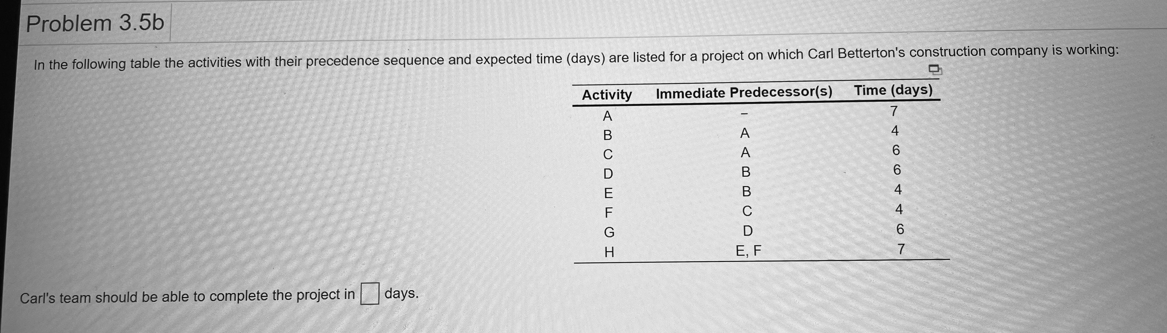 problem 3.5 Problem 3.5b In the following table the activities with their