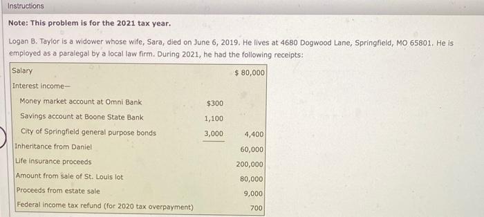  Note: This problem is for the 2021 tax year. Logan B.