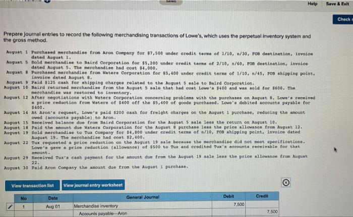 under credit torns of 1/10, 1/30, Ton destination, Invoice dated August 1.
