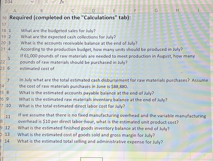 this information, answer the following questions on the "Calculation" tab in the