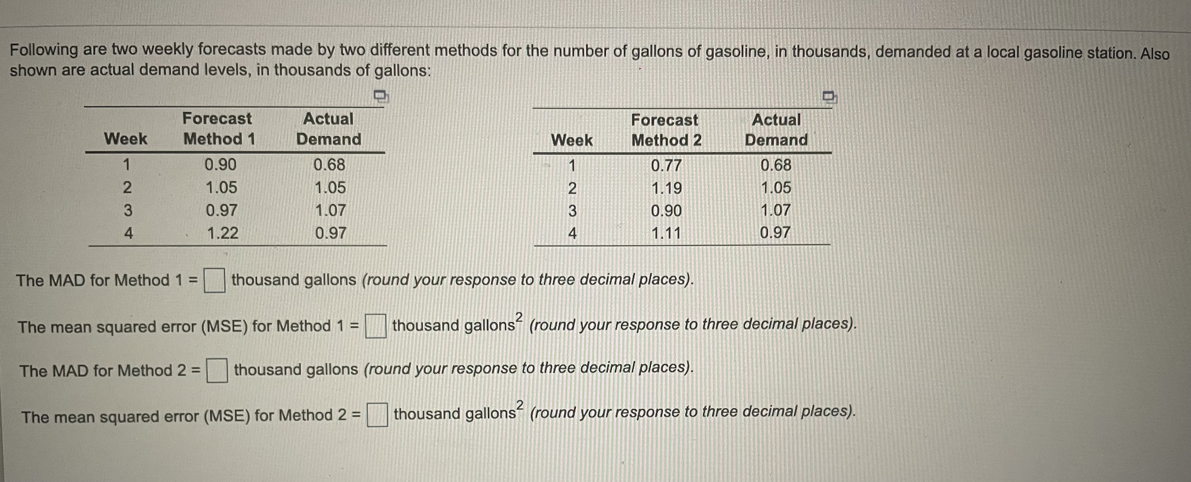 Question 3: Following are two weekly forecasts made by two different methods