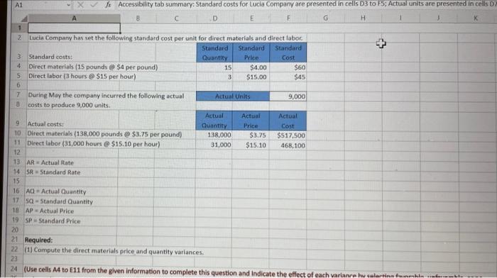 all one question please help A1 f Accessibility tab summary: Standard costs