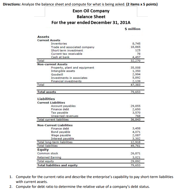answer number 2 only !!! Directions: Analyze the balance sheet and