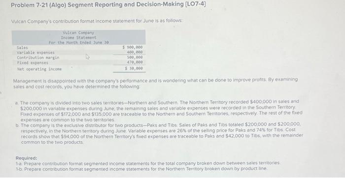 contribution statements. plz help Problem 7-21 (Algo) Segment Reporting and Decision-Making [LO7-4]