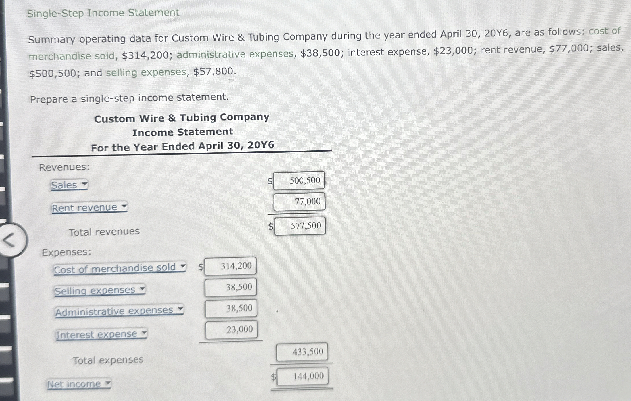  Single-Step Income Statement Summary operating data for Custom Wire & Tubing