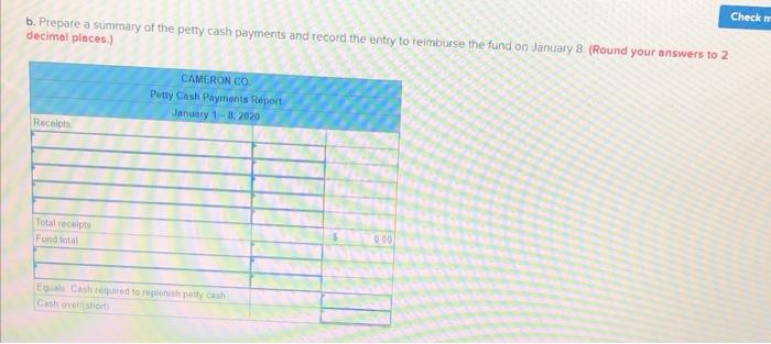 $166 petty cash fund on January 1, 2020 One week later, on