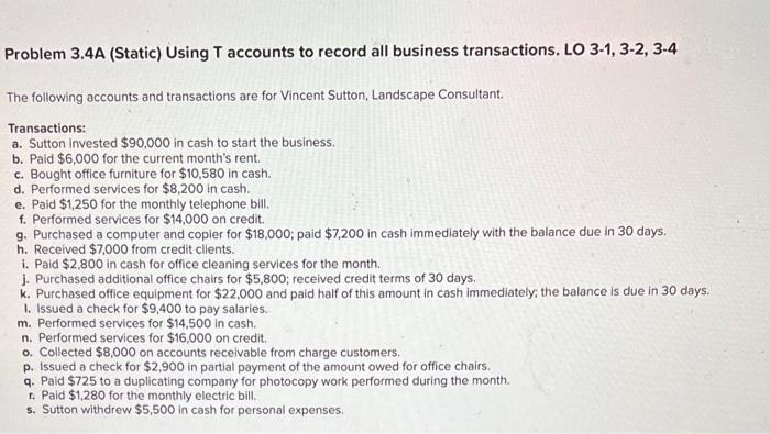  Problem 3.4A (Static) Using T accounts to record all business transactions.