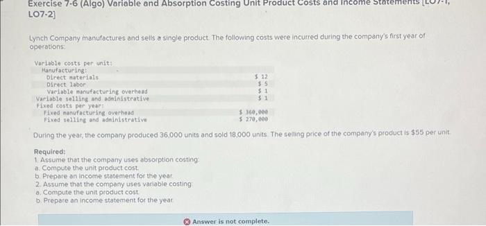 help need plz ! 1b and 2B Exercise 7-6 (Algo) Variable and