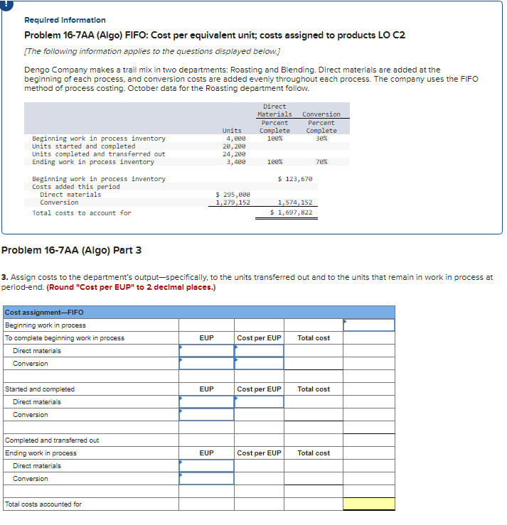 Problem 16-7AA Part 3 Required Information Problem 16-7AA (Algo) FIFO: Cost per