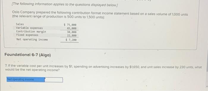 Oslo Company prepared the following contribution format income statement based on a