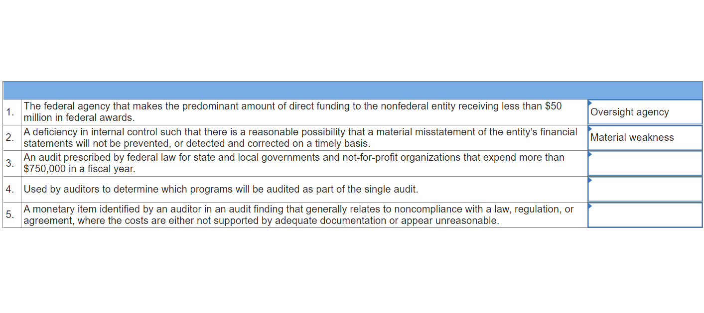 Select the key term that relate to single audits from the list