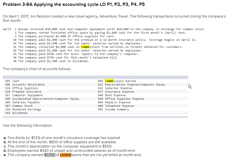Pls help Problem 3-6A Applying the accounting cycle LO P1, P2, P3,