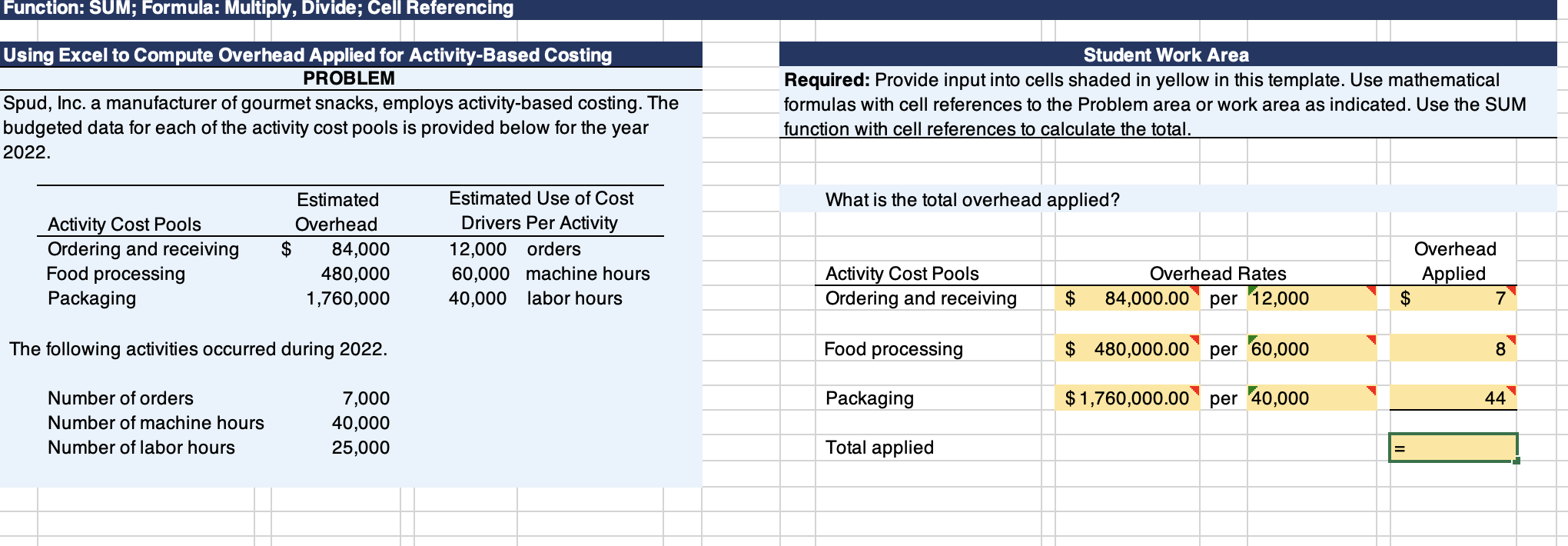 please give me a clearly explanation Function: SUM; Formula: Multiply, Divide; Cell