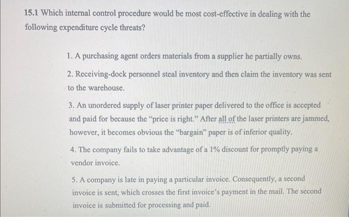  15.1 Which internal control procedure would be most cost-effective in dealing