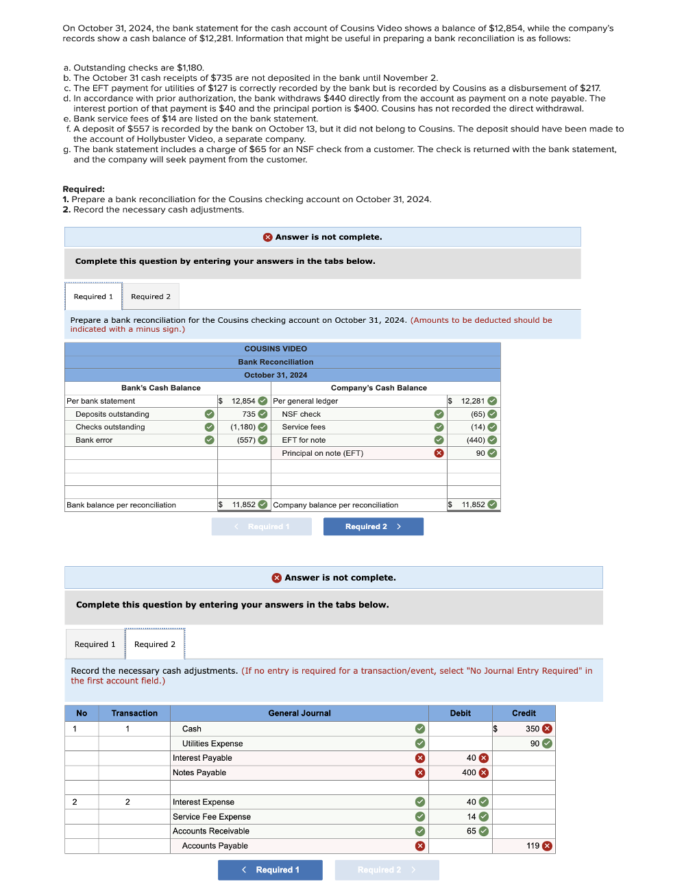  On October 31,2024, the bank statement for the cash account of