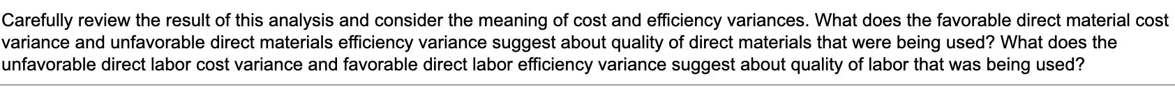 portion the other information necessary is below. Direct materials efficiency variance Direct