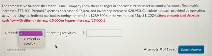  The comparative balance sheets for Crane Company show these changes in