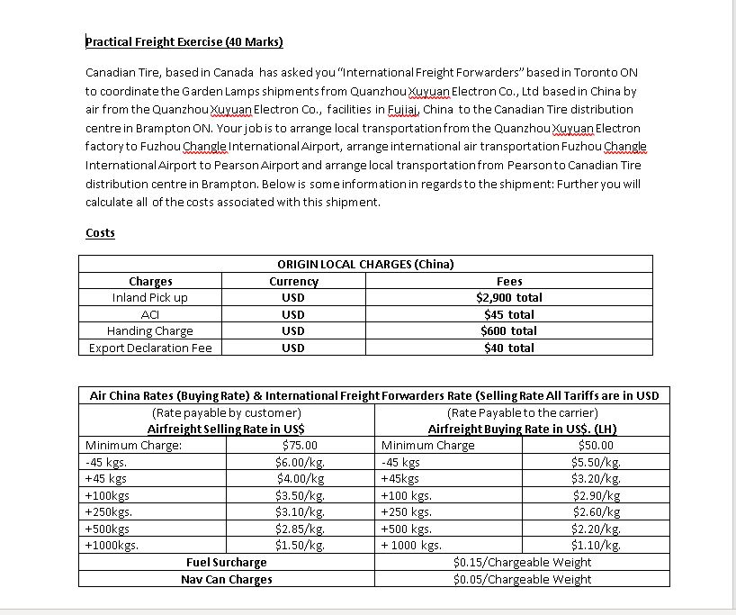  Practical Freight Exercise (40 Marks) Canadian Tire, based in Canada has