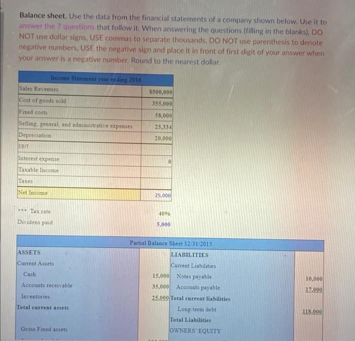 Pls solve Asap Balance sheet. Use the data from the financial statements