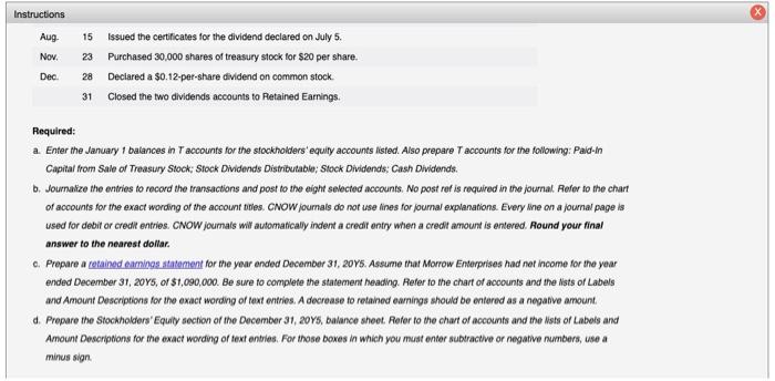 please help. thanks Instructions Aug. 15 Issued the certificates for the dividend