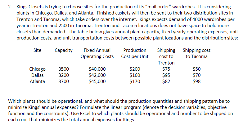Step by step with excel 2. Kings Closets is trying to