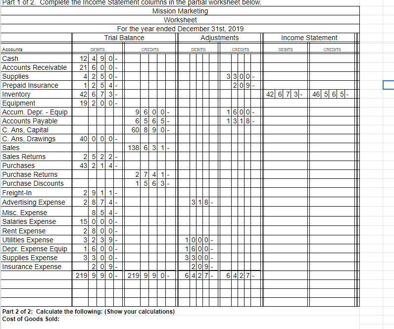  Complete the Income Statement columns in the partial worksheet below. (Part