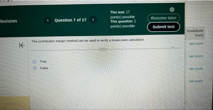  The contribution margin method can be used to verify a break-even