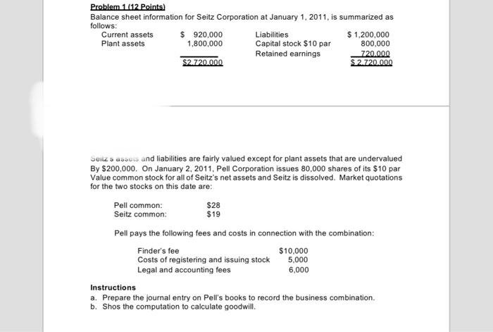 please help Problem 1 (12 Points) Balance sheet information for Seitz Corporation