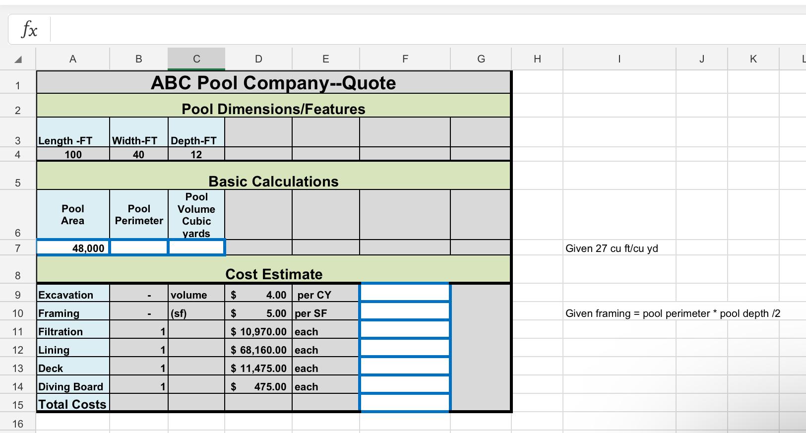 1. Pool Dimensions and Features The data given contains the case you